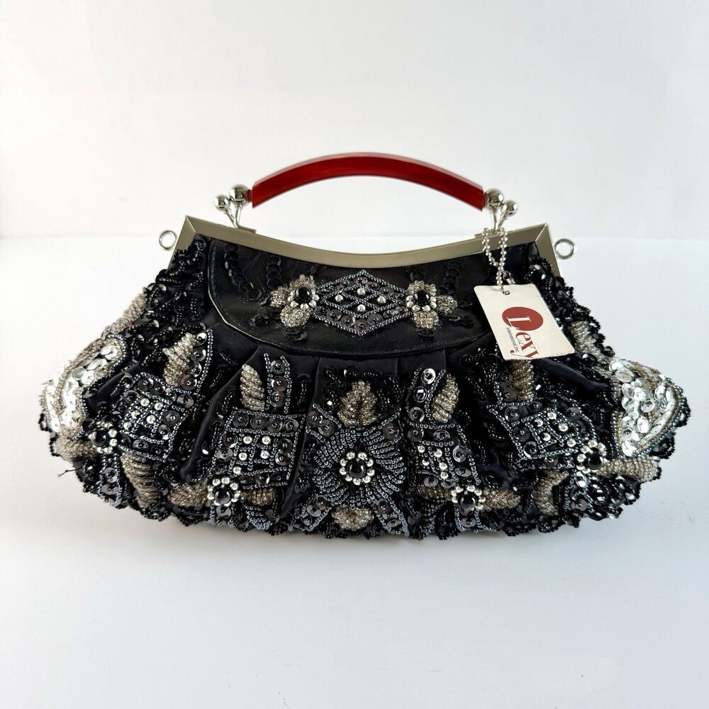 LEXI Int'l Black Satin Sequin Beaded Tortoise Handled Evening Clutch Purse Retro